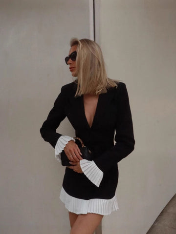 Spring And Summer Waist Black And White Bump Color Pressure Folding Folding Temperament Suit Dress Short Dress LX0115